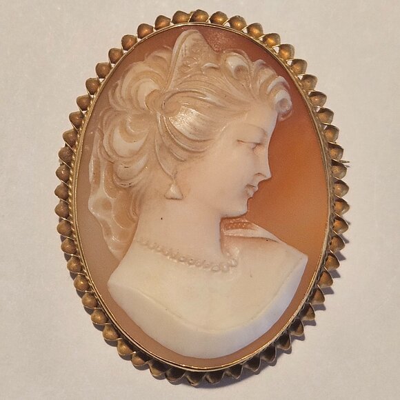 Victorian 14k Yellow Gold Frame Hand Carved Shell Cameo Brooch Pendant 1.75" 9g - Picture 1 of 7